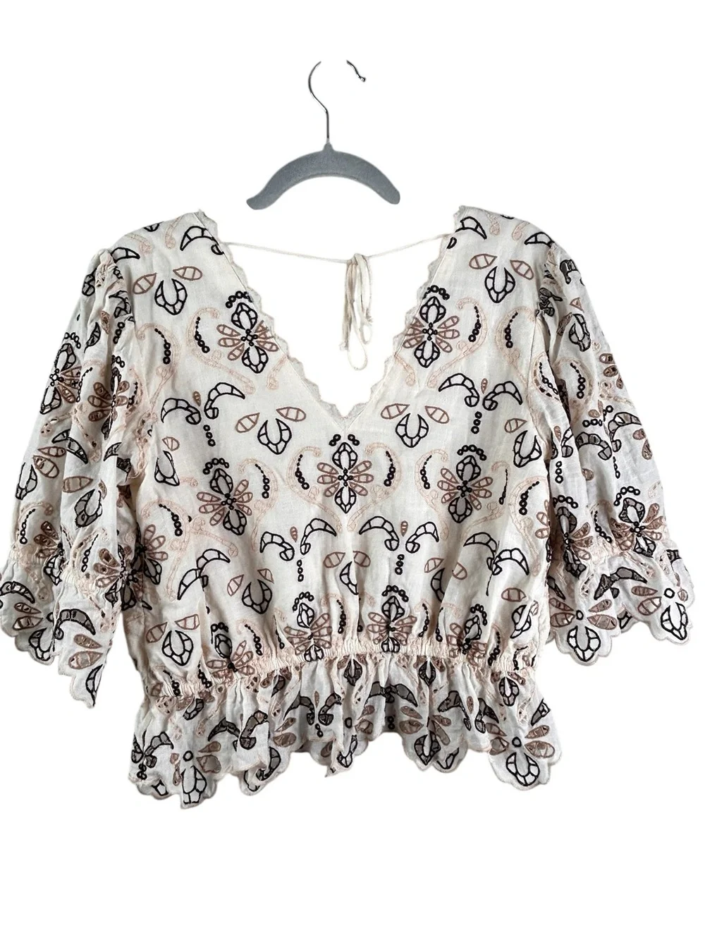 Anthropologie Embroidered Eyelet Peplum Top